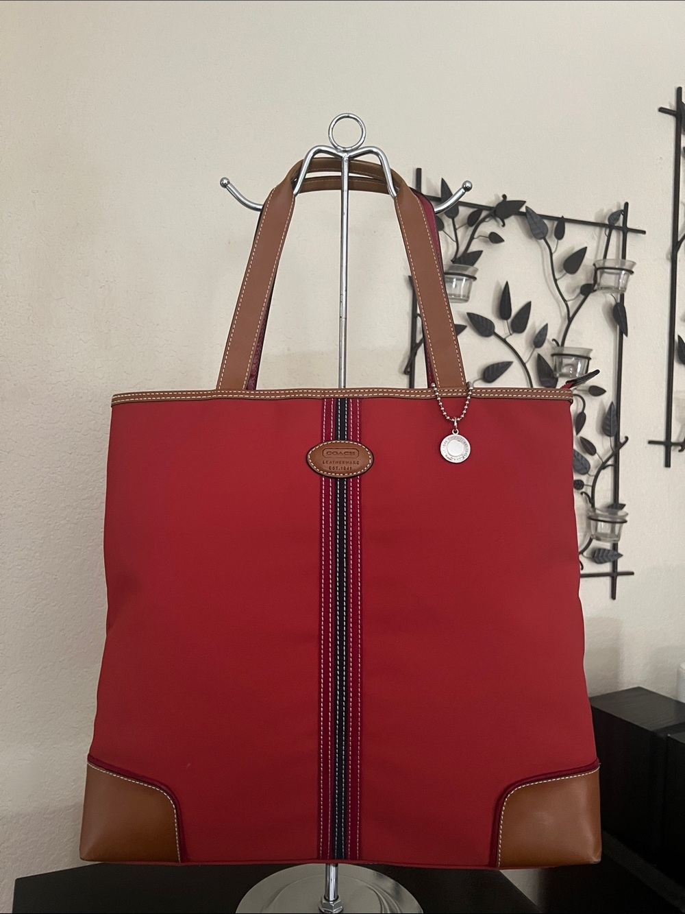 Coach Red Tote with Brown Leather Trim and Center Stripe